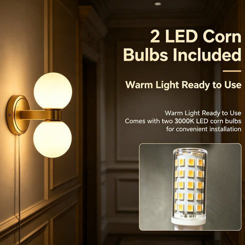 Bergamo Mid-Century Modern Plug-In 2-Light Gold Wall Sconce with Milk Glass Shade