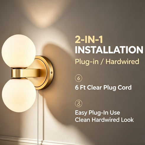 Bergamo Mid-Century Modern Plug-In 2-Light Gold Wall Sconce with Milk Glass Shade