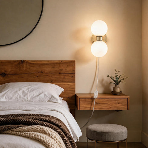 Bergamo Mid-Century Modern Plug-In 2-Light Gold Wall Sconce with Milk Glass Shade