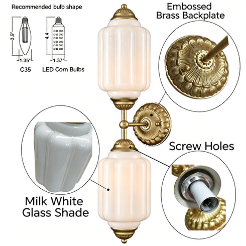 Montalcino Vintage 2-Light Milk Glass Wall Sconce in Brass