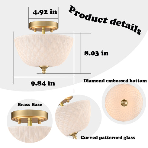 Volterra 2-Light Gold Semi-Flush Mount Ceiling Light with Diamond-Embossed Frosted Glass Shade