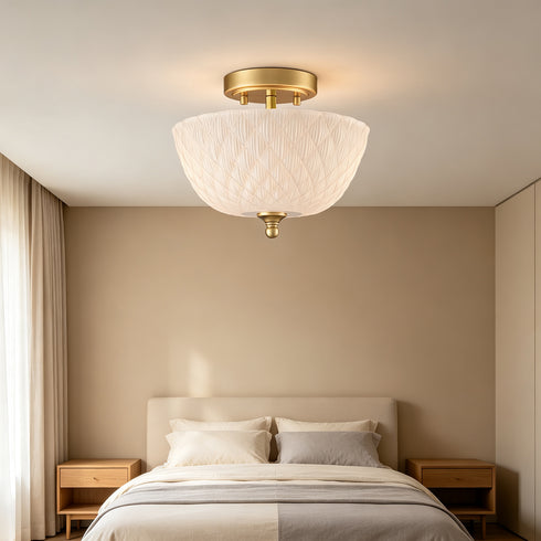 Volterra 2-Light Gold Semi-Flush Mount Ceiling Light with Diamond-Embossed Frosted Glass Shade