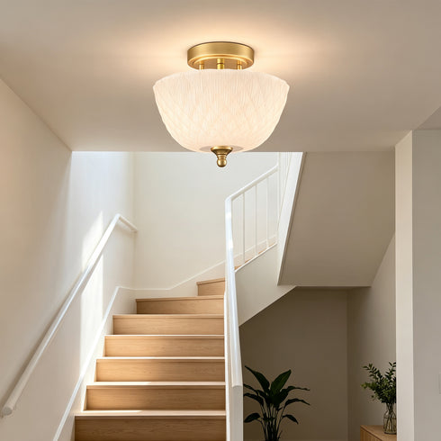 Volterra 2-Light Gold Semi-Flush Mount Ceiling Light with Diamond-Embossed Frosted Glass Shade