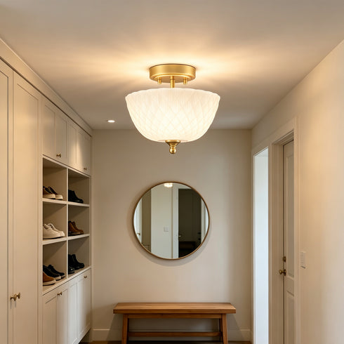 Volterra 2-Light Gold Semi-Flush Mount Ceiling Light with Diamond-Embossed Frosted Glass Shade