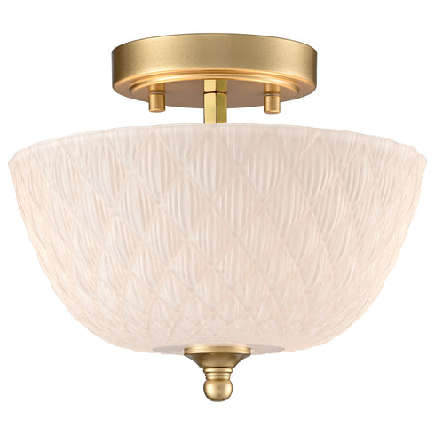 Volterra 2-Light Gold Semi-Flush Mount Ceiling Light with Diamond-Embossed Frosted Glass Shade
