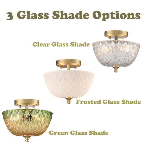 Volterra 2-Light Gold Semi-Flush Mount Ceiling Light with Diamond-Embossed Frosted Glass Shade