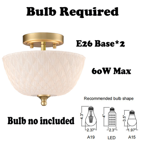 Volterra 2-Light Gold Semi-Flush Mount Ceiling Light with Diamond-Embossed Frosted Glass Shade