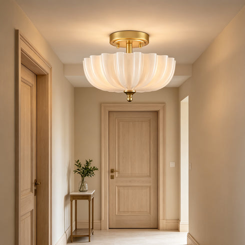 Spoleto Modern 3-Light Brass Semi-Flush Mount Ceiling Light with Milk Glass Shade