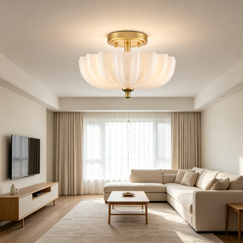 Spoleto Modern 3-Light Brass Semi-Flush Mount Ceiling Light with Milk Glass Shade