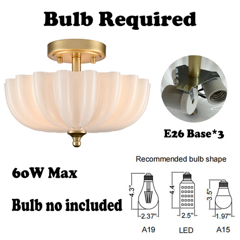 Spoleto Modern 3-Light Brass Semi-Flush Mount Ceiling Light with Milk Glass Shade