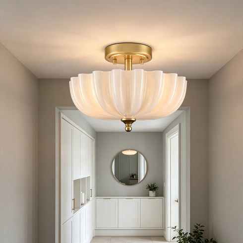 Spoleto Modern 3-Light Brass Semi-Flush Mount Ceiling Light with Milk Glass Shade