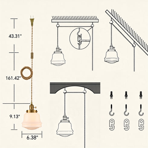 Todi Plug-In Small Adjustable Schoolhouse Milk Glass Pendant Light