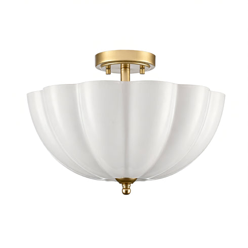 Orvieto Art Deco Scalloped Milk Glass Semi-Flush Mount Ceiling Light in Antique Brass