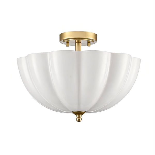 Orvieto Art Deco Scalloped Milk Glass Semi-Flush Mount Ceiling Light in Antique Brass