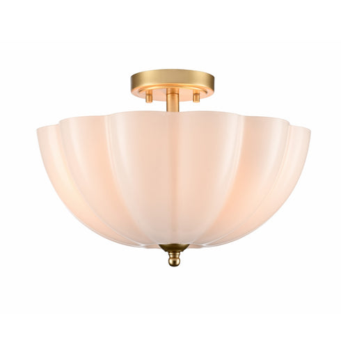 Orvieto Art Deco Scalloped Milk Glass Semi-Flush Mount Ceiling Light in Antique Brass
