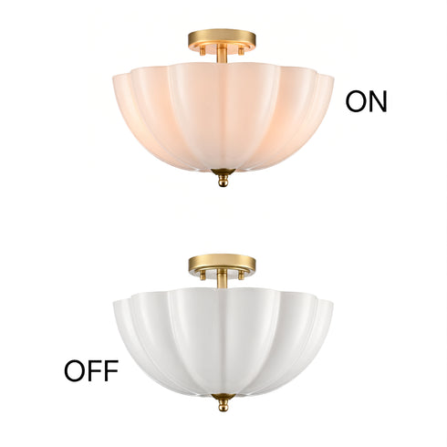 Orvieto Art Deco Scalloped Milk Glass Semi-Flush Mount Ceiling Light in Antique Brass