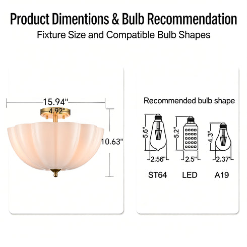 Orvieto Art Deco Scalloped Milk Glass Semi-Flush Mount Ceiling Light in Antique Brass