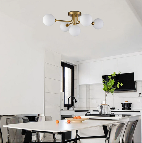 Narni modern gold 5-light semi-flush mount ceiling light with glass globes
