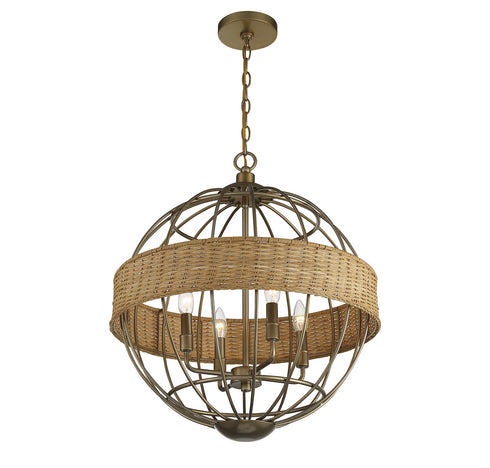 Boreal 4-Light Pendant in Burnished Brass with Rattan