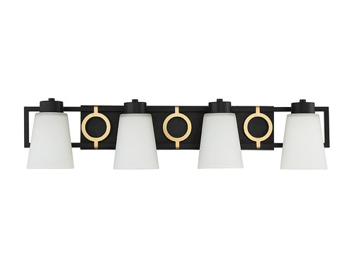 Russo 4-Light Bathroom Vanity Light in Matte Black with Warm Brass Accents