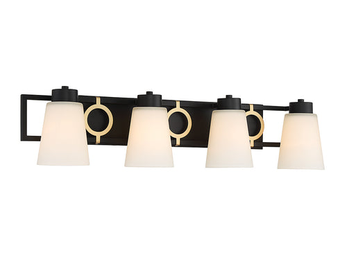 Russo 4-Light Bathroom Vanity Light in Matte Black with Warm Brass Accents