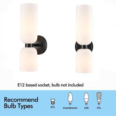 Pitigliano 2-Pack Modern Black Wall Sconces 2-Light Vanity Light, Milky White Glass