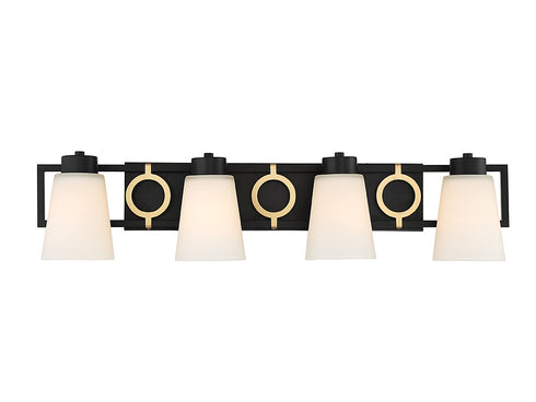 Russo 4-Light Bathroom Vanity Light in Matte Black with Warm Brass Accents