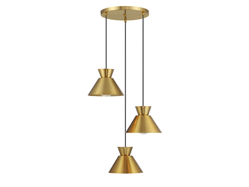 3-Light Multi-Point Chandelier in Natural Brass