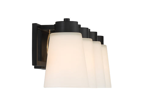 Russo 4-Light Bathroom Vanity Light in Matte Black with Warm Brass Accents