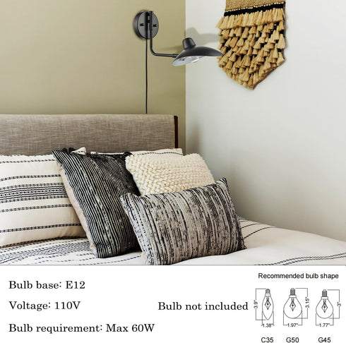 Pulau Modern Black Swing Arm Wall Sconce Plug-in or Hardwired set of 2