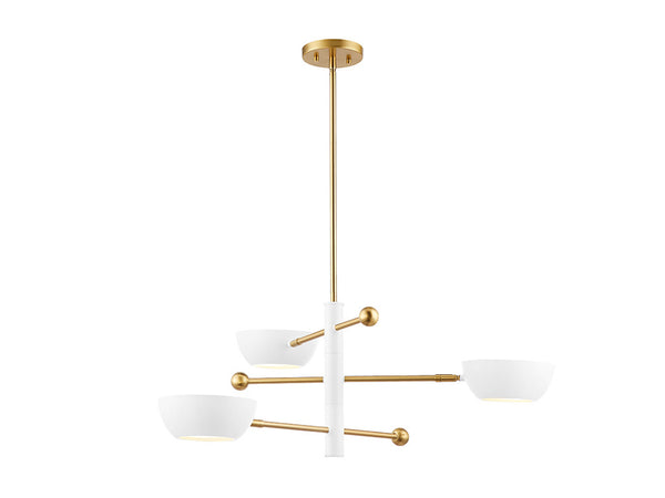 3-Light Chandelier in White and Natural Brass