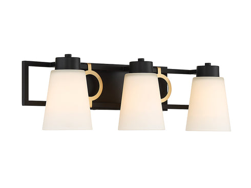 Russo 3-Light Bathroom Vanity Light in Matte Black with Warm Brass Accents