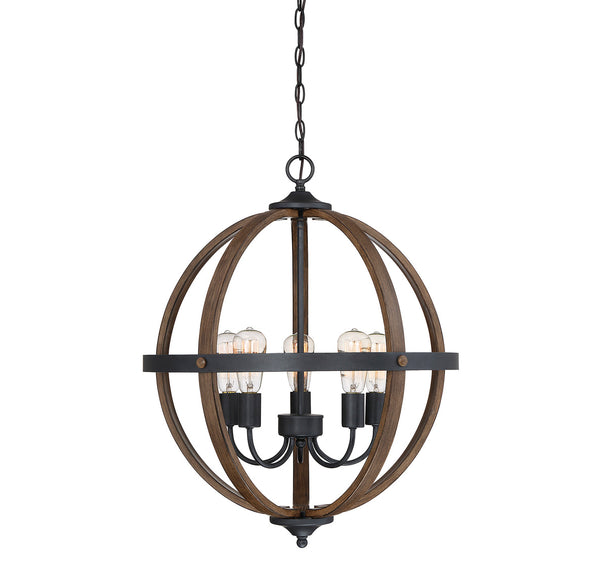 5-Light Pendant in Wood with Black