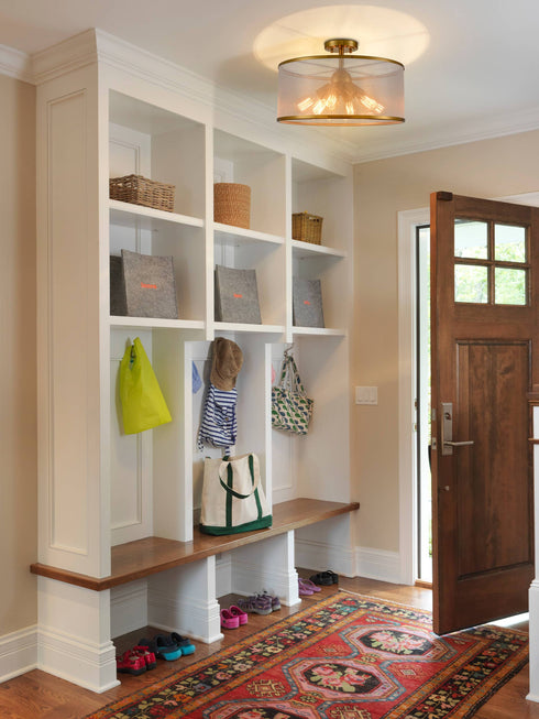 Modern Gold Drum Ceiling Light Organza Lamp Shade 6-Light