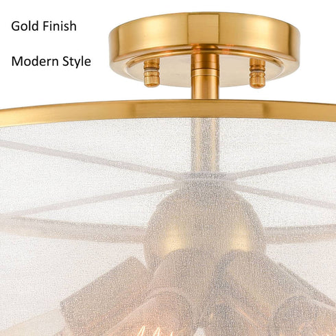 Modern Gold Drum Ceiling Light Organza Lamp Shade 6-Light