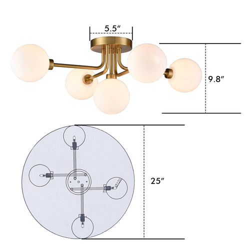 Modern Gold Semi Flush Mount Ceiling Light Glass Globes