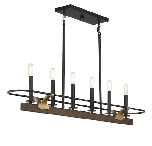 Icarus 6-Light Linear Chandelier in Burnished Brass with Walnut