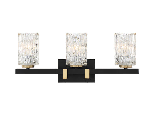 Keene 3-Light Bathroom Vanity Light in Matte Black with Warm Brass Accents