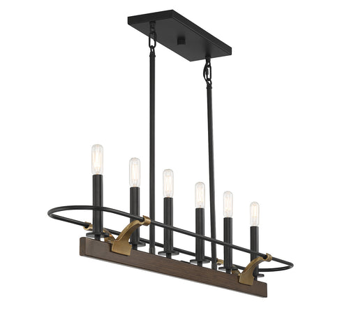 Icarus 6-Light Linear Chandelier in Burnished Brass with Walnut