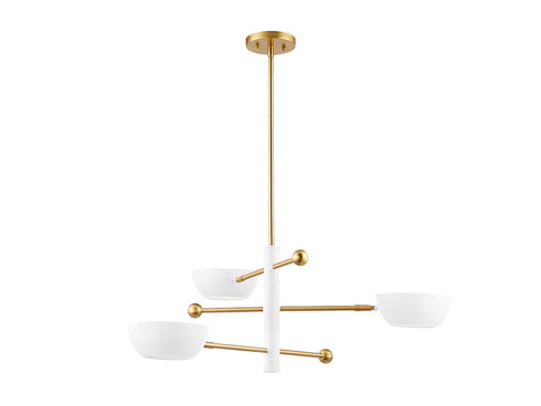 3-Light Chandelier in White and Natural Brass