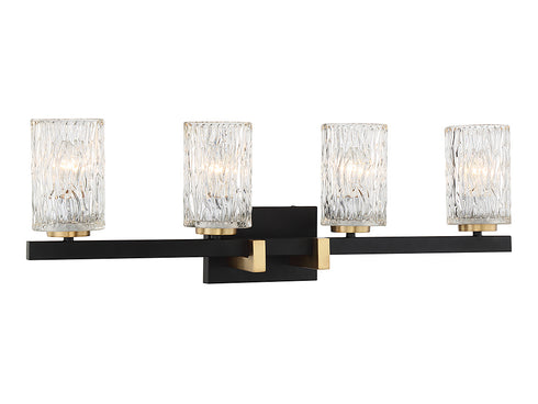Keene 4-Light Bathroom Vanity Light in Matte Black with Warm Brass Accents