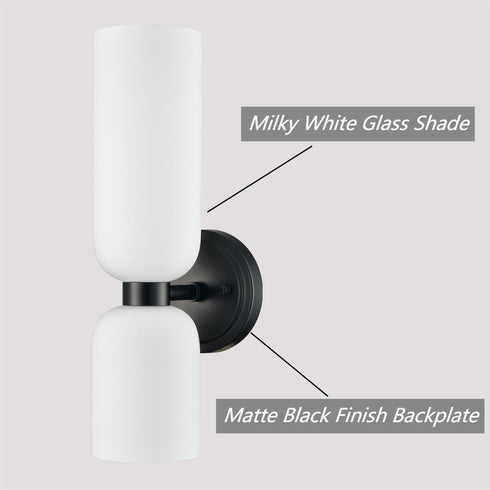 Pitigliano 2-Pack Modern Black Wall Sconces 2-Light Vanity Light, Milky White Glass