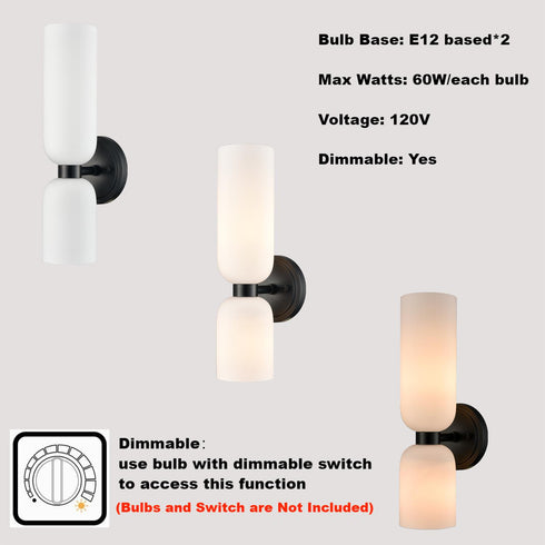 Pitigliano 2-Pack Modern Black Wall Sconces 2-Light Vanity Light, Milky White Glass