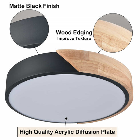 Modern Black and Wood LED Flush Mount Ceiling Light