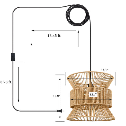 Plug in Pendant Light Rattan Hanging Lamp Boho On/Off Switch