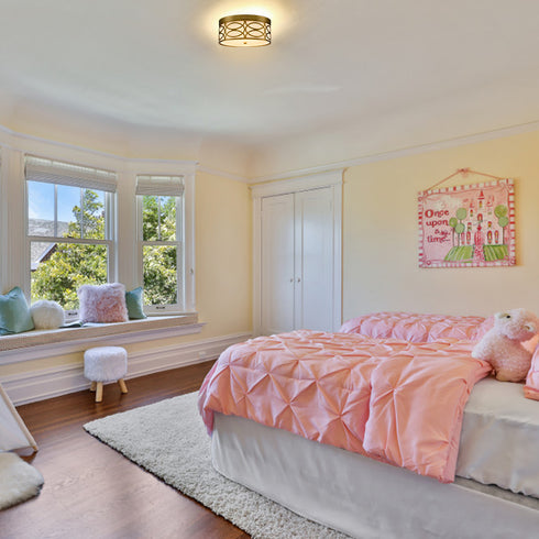 Modern Brass Dimmable LED Flush Mount Ceiling Light Black Linen Drum Shade