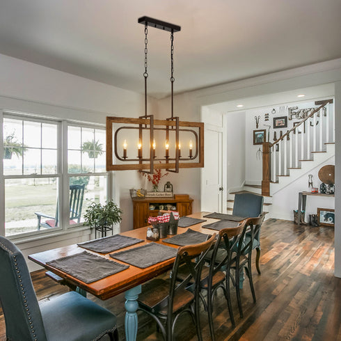 6-Light Wood Pendant Chandelier for Dining Room Rust Brown