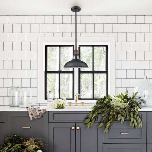 Industrial Barn Pendant Light Rod Adjustable Kitchen Lighting Black