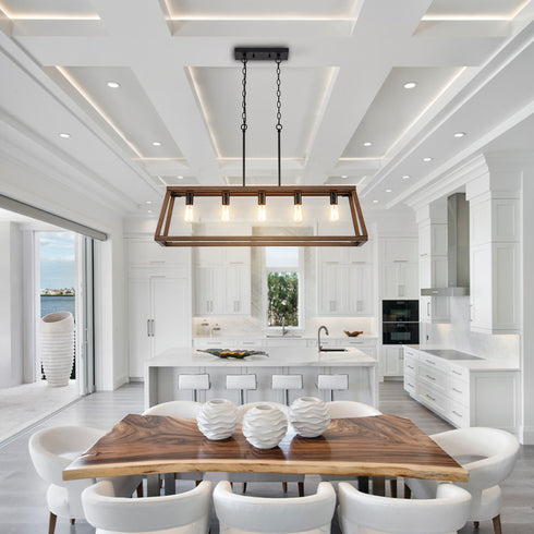 Farmhouse 5-Light Chandeliers for Dining Room Rustic Wood Grain Finish