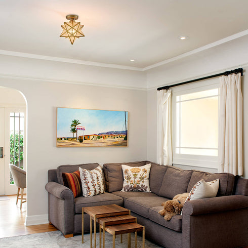 Modern Moravian Star Ceiling Light with Seeded Glass 12 inches Brass